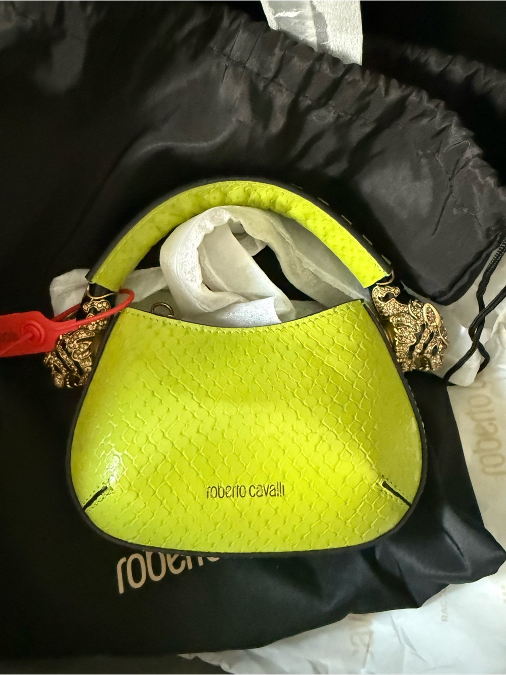 Roberto Cavalli Neon Lime Mini Top-Handle Bag with Gold Accents